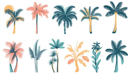 Summer palm logo template set with hand drawn tropical palm trees and boho elements