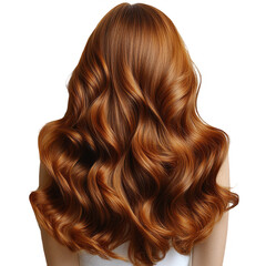 Copper auburn hair color ideas long wavy hairstyle back view for woman on transparent background