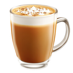 Delicious Coffee In Clear Glass Mug, Topped With Whipped Cream And Chocolate Sprinkles. Close Up Shot on transparent or white.