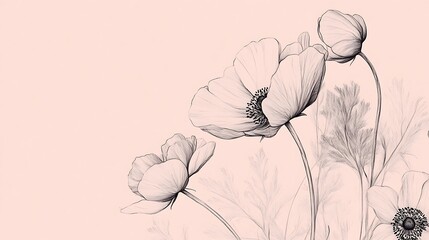 Photograph of black and white line drawing depicts several stylized poppies and fern fronds in a delicate,...