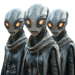 Three grey aliens extraterrestrials from outer space science fiction artwork on transparent background