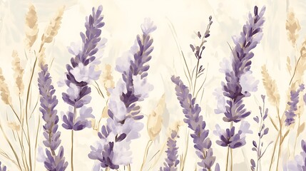 Watercolor illustration depicts lavender stems against a muted beige background.