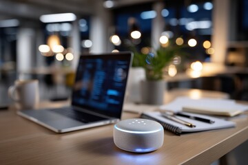 A compact smart speaker rests beside a laptop on a meticulously arranged desk, highlighting technology's role in enhancing productivity and the modern work environment.
