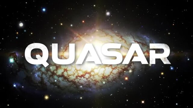 Luminous &ldquo;QUASAR&rdquo; Title with Glowing Jet Burst Effects &ndash; Bright Galactic Core Animation in Deep Space Astronomy Visuals

