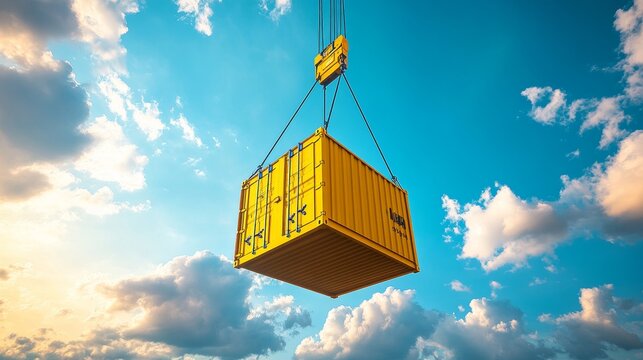 Yellow Shipping Container Suspended by Crane Against Vibrant Blue Sky and White Clouds