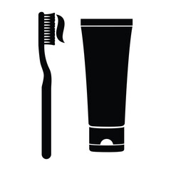 a black toothbrush and toothpaste tube icon, essential hygiene symbol for personal care products, dental health, and bathroom-related designs.