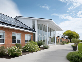 Modern educational building with solar panels and landscaped grounds in sunny weather