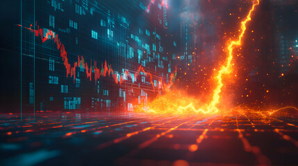 Obraz premium A lightning bolt splitting through financial charts, scattering economic icons into chaos