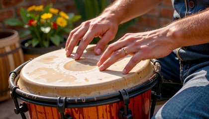 Closeup hands playing traditional bongo drums outdoors. Person playing bongo drums in garden. Bongo drum music creates vibrant atmosphere perfect for music school poster or promotional materials.