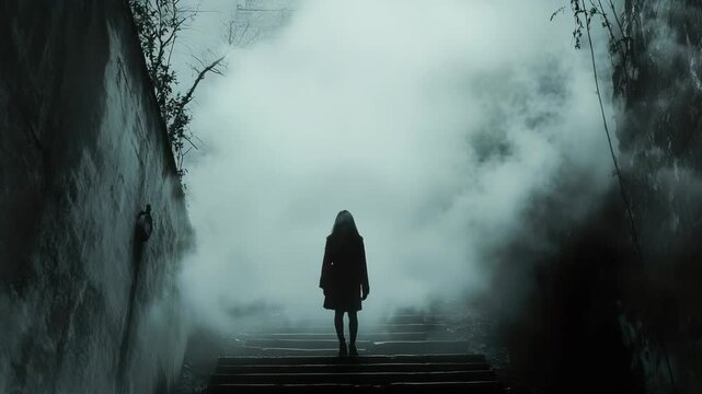 A person walking up some stairs in the fog