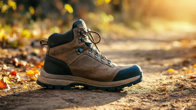 Hiking boot on sunlit forest trail in autumn, surrounded by fallen leaves
