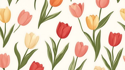 Obraz premium Digital illustration of multiple red and yellow tulips with green stems on a cream background.