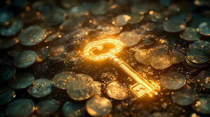 A rising financial chart transforming into a glowing key, unlocking a vault of coins