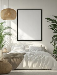 Minimalist bedroom interior with large blank poster on white wall. 3D Rendering 
