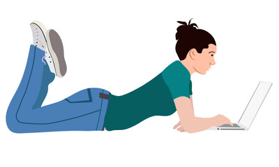 female student lies and works on laptop