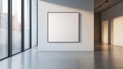 Minimalist bedroom interior with large blank poster on white wall. 3D Rendering 