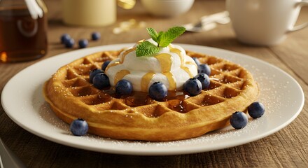 Delicious Belgian Waffle with Blueberries and Whipped Cream
