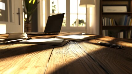 Fototapeta premium Sunny home office desk, laptop, notebooks