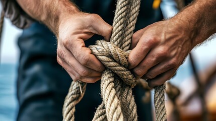 Man is tying a rope. The rope is brown and the man is wearing a blue shirt
