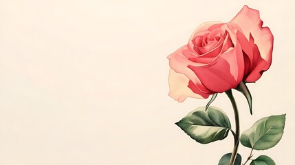 Digital illustration of a pink rose with green leaves against a pale background.
