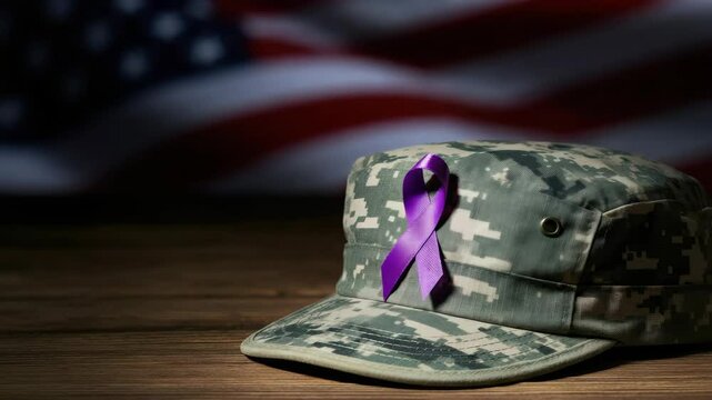 Military cap with purple ribbon symbolizes support for veterans in front of American flag