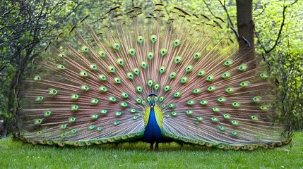 Obraz premium Majestic Peacock Displaying Vibrant Tail Feathers in Lush Green Nature