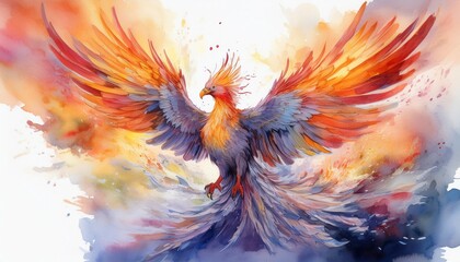 Obraz premium Mythischer Phönix – Aquarellbild in feurigen Pastelltönen
