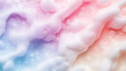 Fototapeta premium Photograph of colorful foam, blending shades of pink, blue, and orange in a textured, bubbly abstract composition.