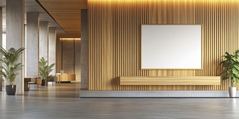 modern hotel lobby interior with empty white poster frame on wall, wooden elements and concrete floor