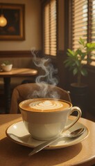Fototapeta premium Steaming Cup of Latte Art Coffee in Sunny Cafe