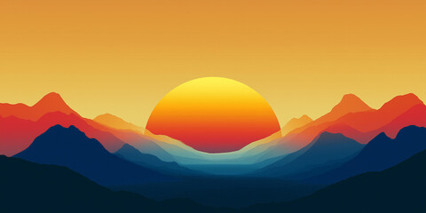Fototapeta premium Colorful digital mountain landscape with vibrant sunrise and layered hills 