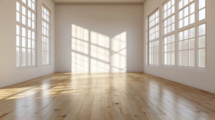 Sunlit empty room with hardwood floors and large windows