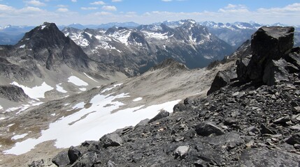 Fototapeta premium Majestic Mountain Peak Panorama: Snow-Covered Peaks and Rocky Terrain