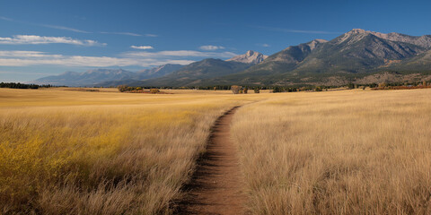Fototapeta premium Path through golden dry grassland leading to majestic mountain range under clear blue sky 