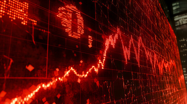 A stock ticker board filled with red, bold percentages and down arrows, overlaid with shattered glass