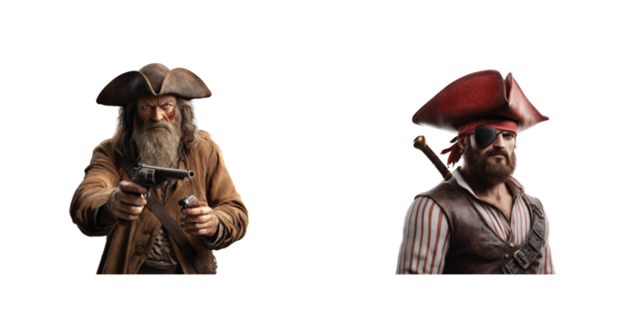 Two detailed pirate characters with weapons, hats and fierce expressions