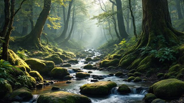 Misty forest stream