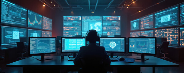 Cybersecurity operations center analyst monitors data large screen displays. Person in headphones works with software system in dark room. Data visualization dashboard, information protection, alert