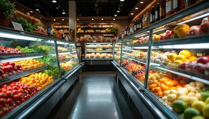 Bright interior of supermarket with fresh produce, fruits, vegetables. Showcase with cold food, deli products. Modern shopping, food store. Healthy eating concept. Grocery shopping for delicious