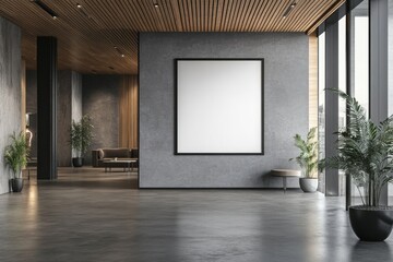 modern hotel lobby interior with a blank poster frame on the wall, featuring a wooden ceiling and concrete floor, bright and spacious layout
