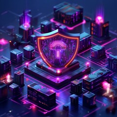 Isometric Illustration of DDoS Protection Scenario