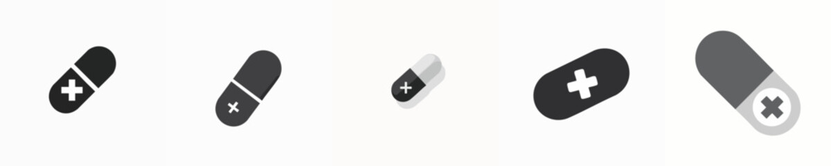 Flat Capsule Pill Icon with Medical Cross Symbol – Minimalist Black and White Vector Illustration