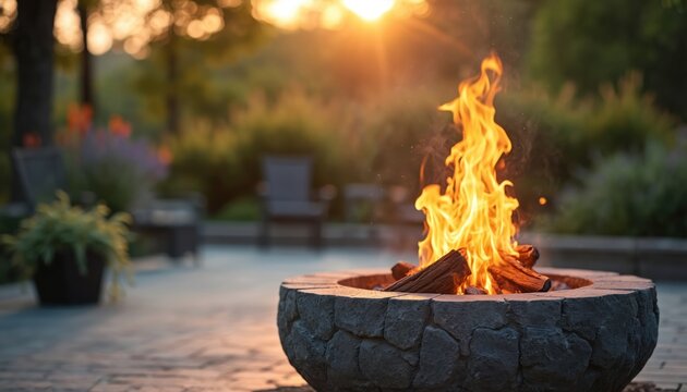 Burning stone fire pit glows brightly on patio summer evening. Warm flames cast golden light, creating cozy ambiance. Backyard outdoor gathering, friends, family relax enjoy warmth, night stars.