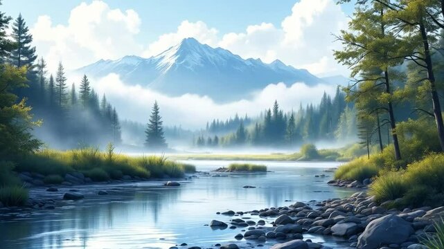 Misty mountain river landscape