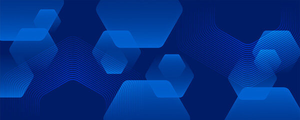 Modern abstract blue background with glowing geometric lines. Blue gradient hexagon shape design. Futuristic technology concept.