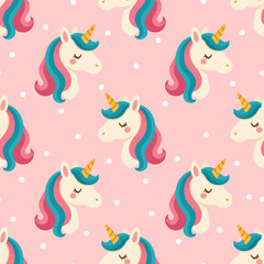 Obraz premium Seamless pattern with cute unicorn heads, pastel rainbow manes and pink background. Perfect for kids' textiles, wallpapers, wrapping paper, and birthday designs.