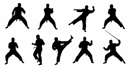 Obraz premium Silhouettes of martial arts poses on white background. Generative AI