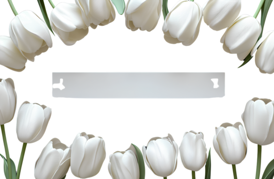 White tulips border the frame on a black background, with a white horizontal bar in the middle of the composition 