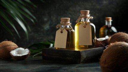  Natural coconut oil in glass bottles with blank tags, perfect for skincare, hydration, glow, and beauty branding