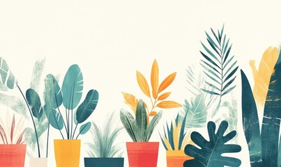 Illustrated plants and flowers in a minimalist display. AI generated illustration.